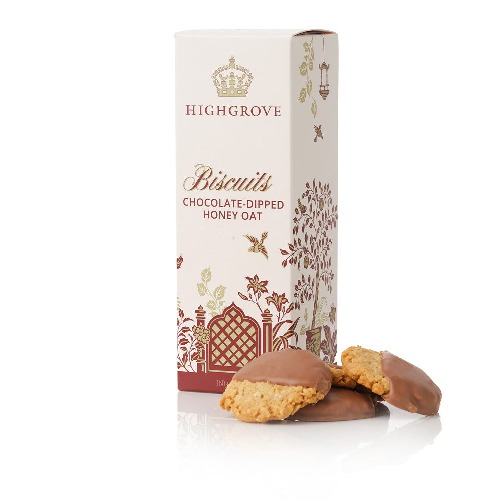 Box of Highgrove chocolate-dipped honey oat biscuits on a white background