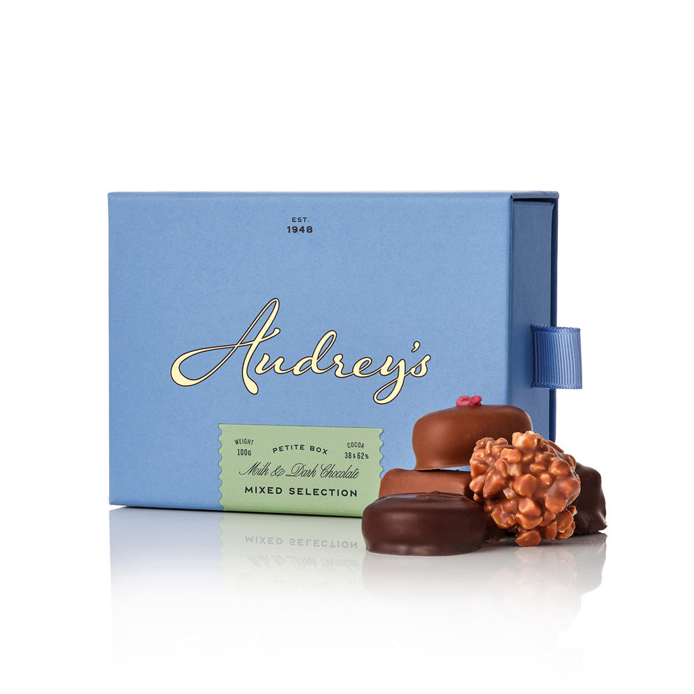 Audrey's chocolate box with a selection of chocolates on a white background