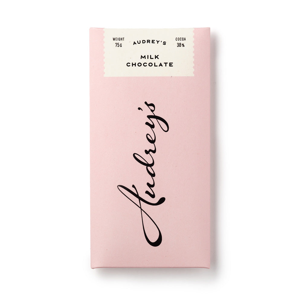 Pink chocolate bar packaging with 'Audrey's' branding on a white background