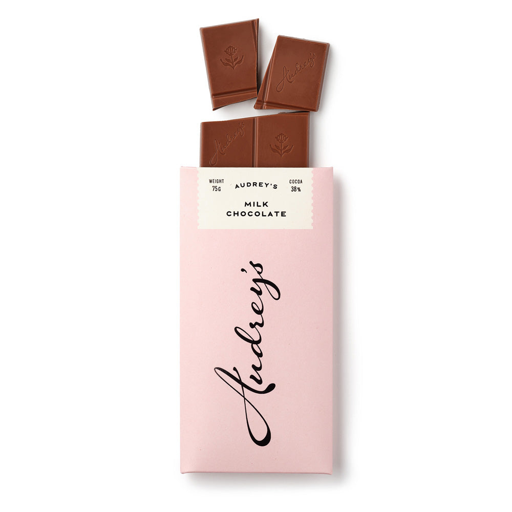 Pink chocolate bar packaging with 'Audrey's' branding on a white background
