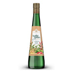 A bottle of Highgrove x bottlegreen rhubarb and ginger cordial, featuring a green glass bottle with a beige label and a gold screw cap, set against a plain white background.