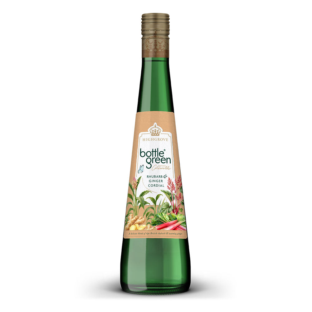 A bottle of Highgrove x bottlegreen rhubarb and ginger cordial, featuring a green glass bottle with a beige label and a gold screw cap, set against a plain white background.