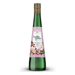 A bottle of Highclown's Bottlegreen English Rose and Raspberry Cordial, featuring a green glass bottle, a light pink label with floral illustrations, and a gold screw cap, set against a plain white background.