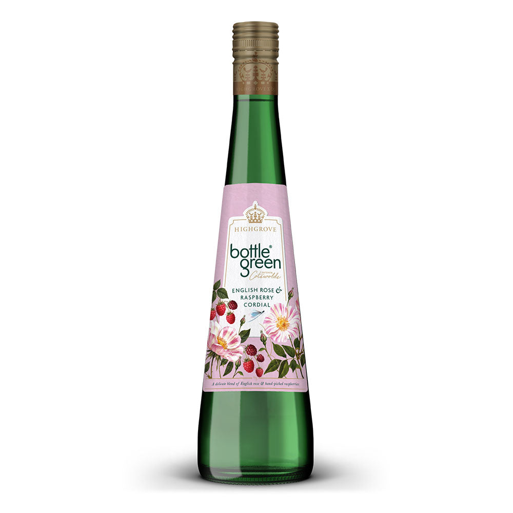 A bottle of Highclown's Bottlegreen English Rose and Raspberry Cordial, featuring a green glass bottle, a light pink label with floral illustrations, and a gold screw cap, set against a plain white background.