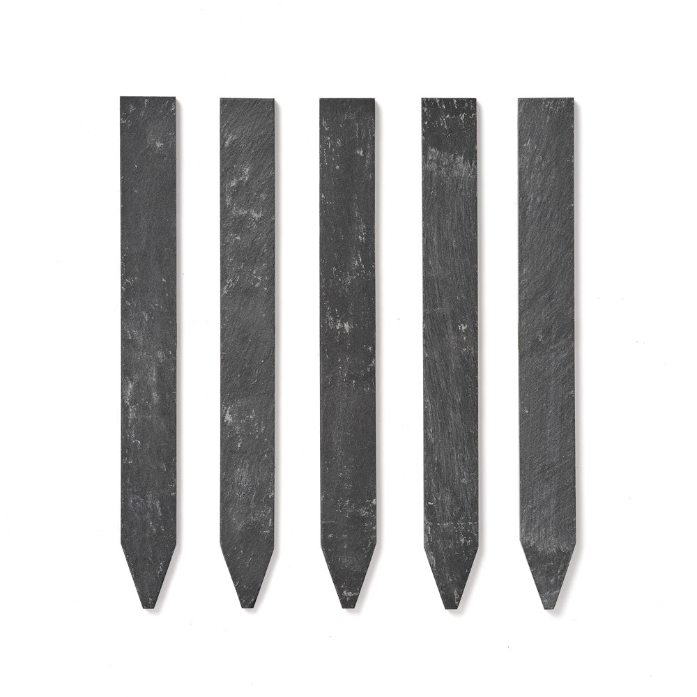 Five dark gray pointed plant markers arranged vertically in a row on a plain white background.