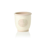 White ceramic plant pot with a beige rim and Highgrove logo on a white background