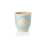 Blue ceramic plant pot with a beige rim and Highgrove logo on a white background