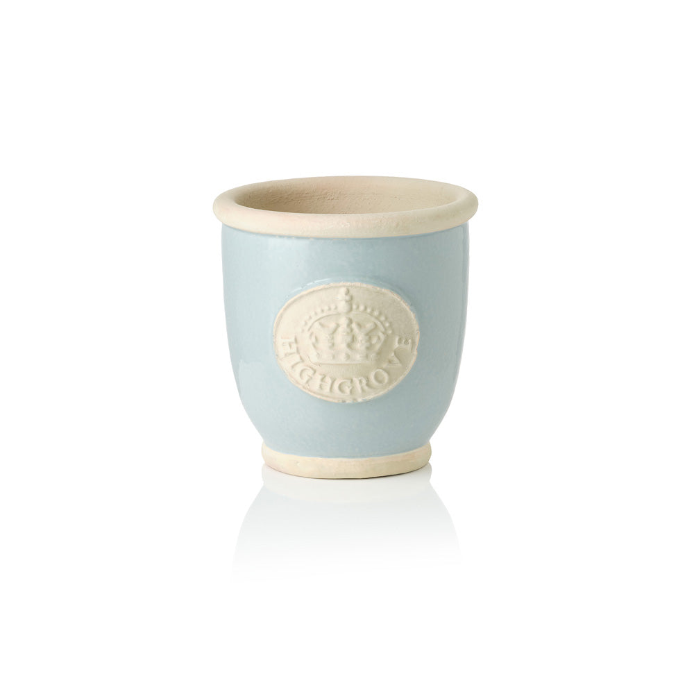Blue ceramic plant pot with a beige rim and Highgrove logo on a white background