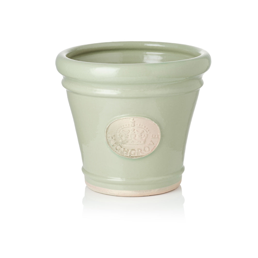 Green ceramic plant pot with a Highgrove crown logo on a white background