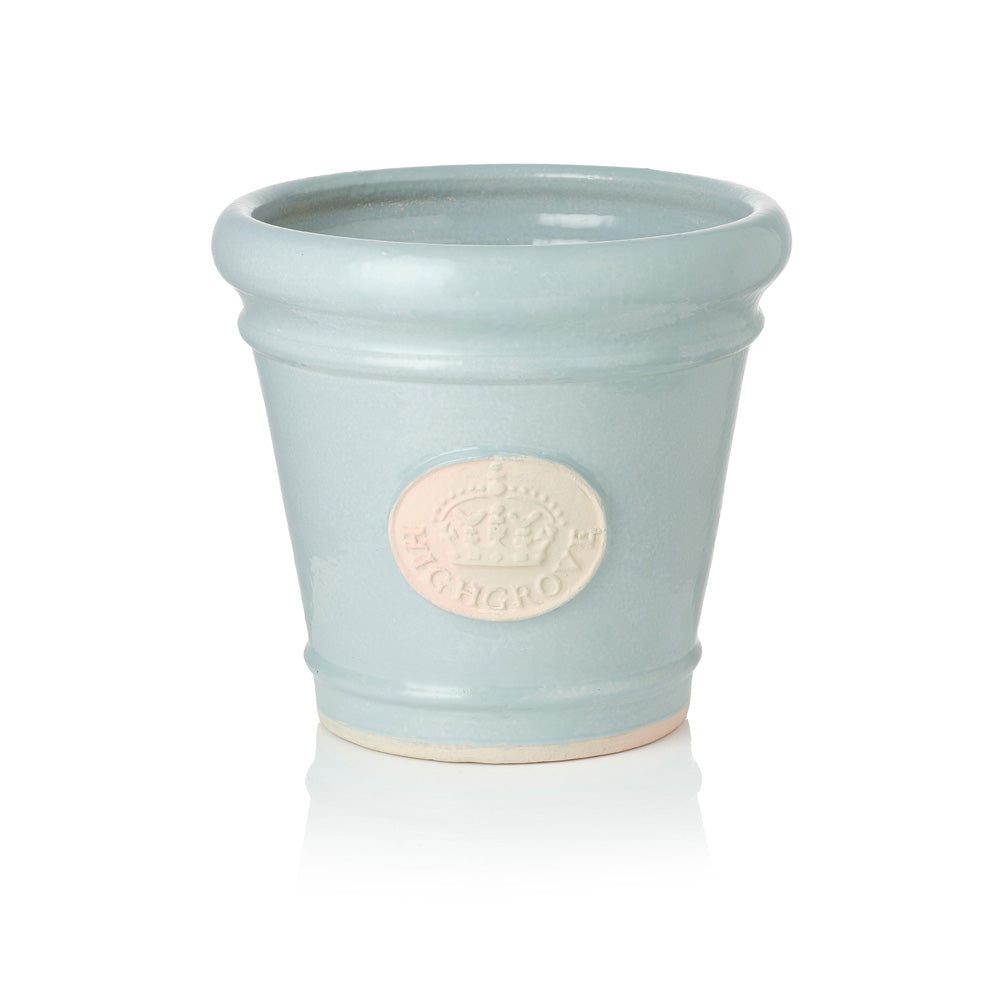 Scandi blue ceramic plant pot with a Highgrove crown logo on a white background