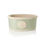 Green ceramic bowl plant pot with beige rim and Highgrove Crown logo on a white background