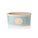 Scandi blue ceramic bowl plant pot with beige rim and Highgrove Crown logo on a white background