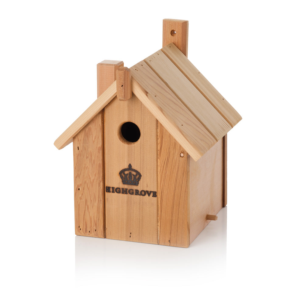 Wooden birdhouse with Highgrove logo on a white background
