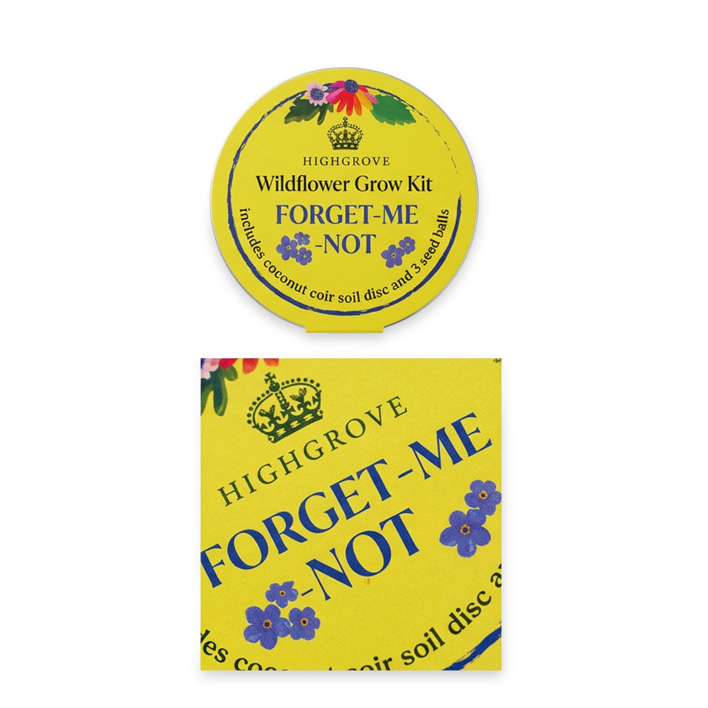 Highgrove Forget-Me-Not Wildflower Grow Kit, showing the round yellow seed packet and the matching yellow box with blue text and floral graphics on a white background.