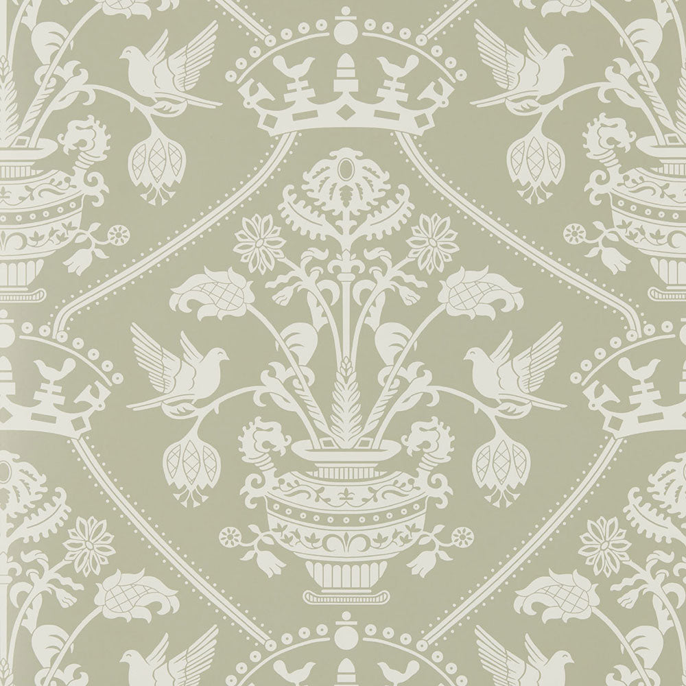 Highgrove Damask Wallpaper Silver Green
