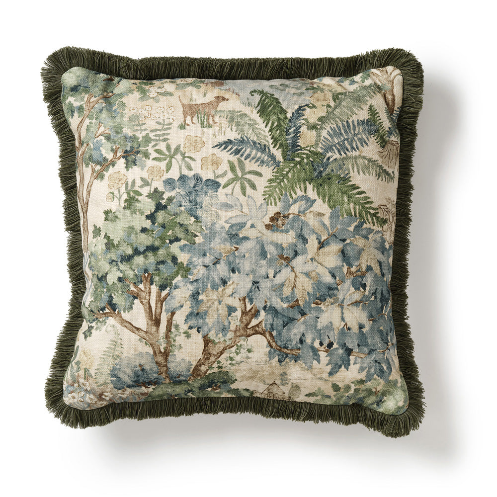 Highgrove Stumpery Cushion with green fringe