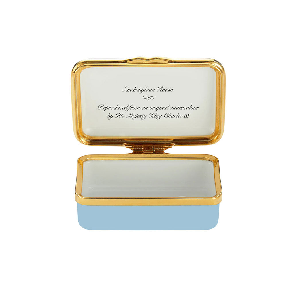 Inside of small enamel trinket box with writing "Reproduced from an original watercolour by His Majesty King Charles III"