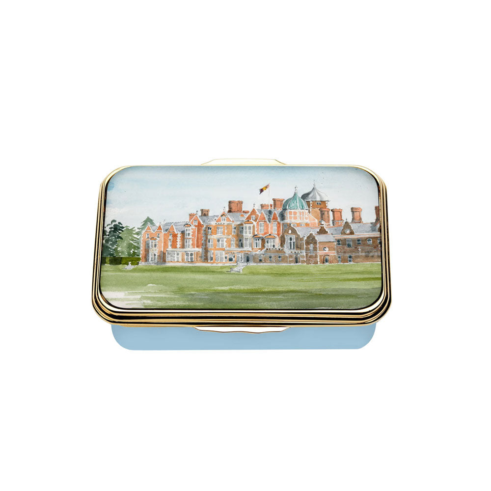 Small enamel trinket box featuring a watercolour of Sandringham House by His Majesty King Charles III
