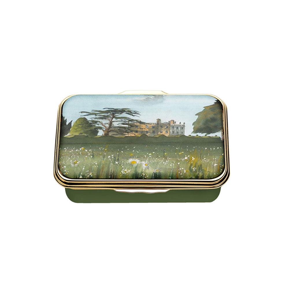 Small enamel trinket box featuring a watercolour of the wildflower meadow and Highgrove House by His Majesty King Charles III