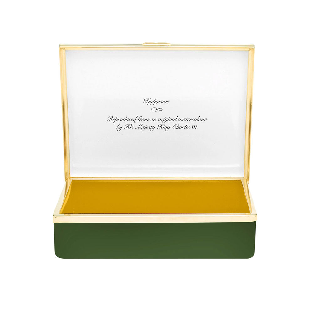 Inside of leather-lined enamel box with writing "reproduced from an original watercolour by His Majesty King Charles III