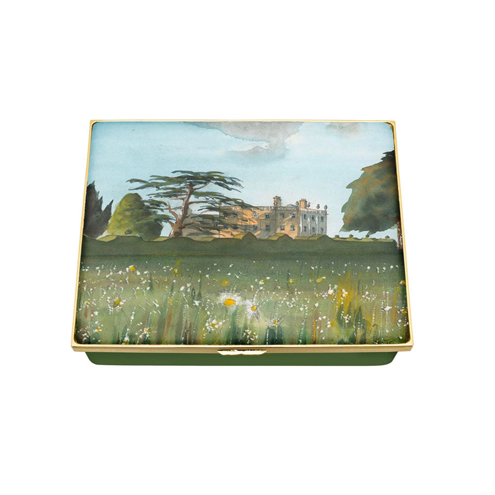 Decorative box featuring His Majesty The King's artwork of Highgrove House and The Wildflower Meadow, featuring trees and a building.