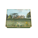 Decorative box featuring His Majesty The King's artwork of Highgrove House and The Wildflower Meadow, featuring trees and a building.