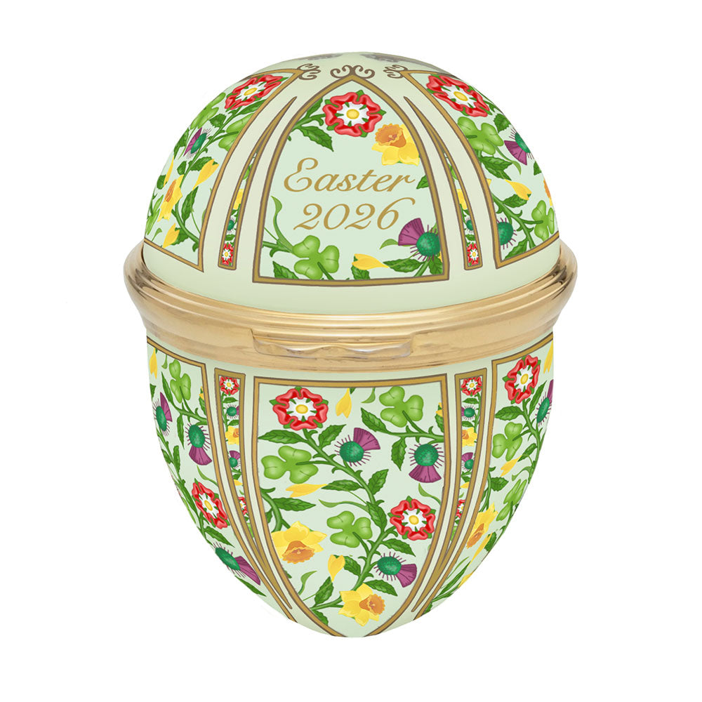 Decorative Easter egg with floral patterns and 'Easter 2026' text on a white background