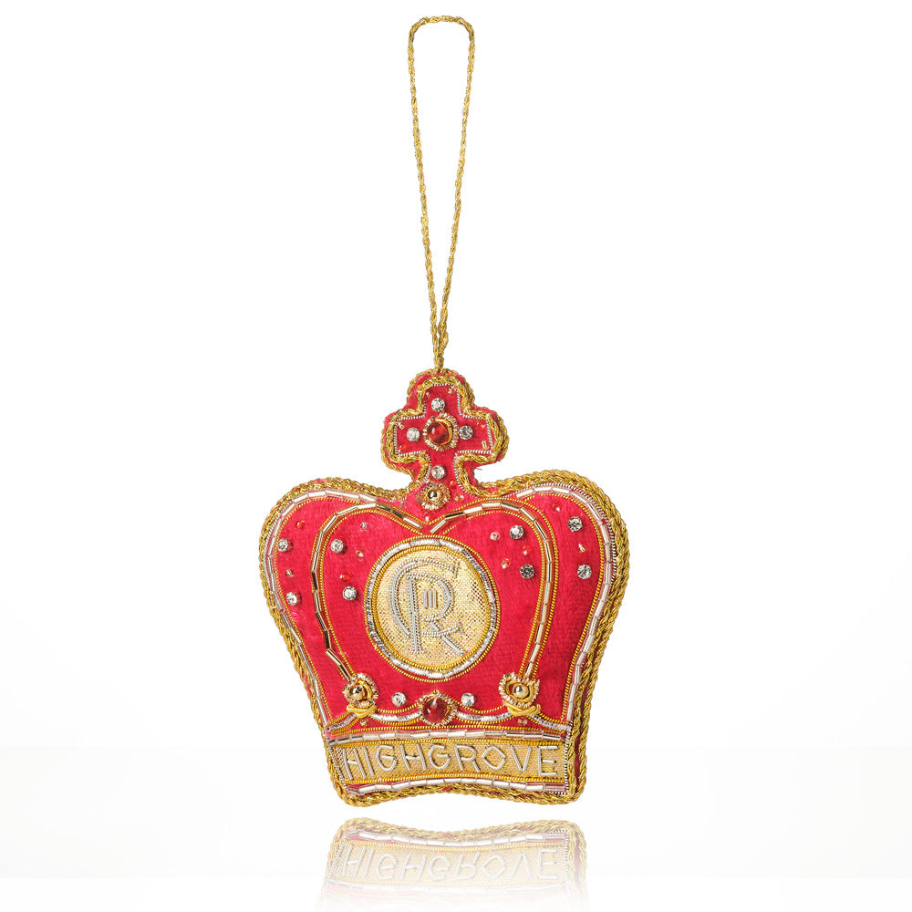 A red and gold crown-shaped ornament with a hanging loop, featuring a central monogrammed crest and the word 'HIGHGROVE' on a white background.