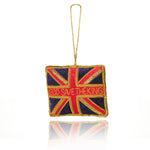 A square decorative ornament featuring a Union Jack design with the text 'GOD SAVE THE KING' in red across the centre, finished with gold trim and a hanging loop at the top, shown on a white background with a soft reflection below.