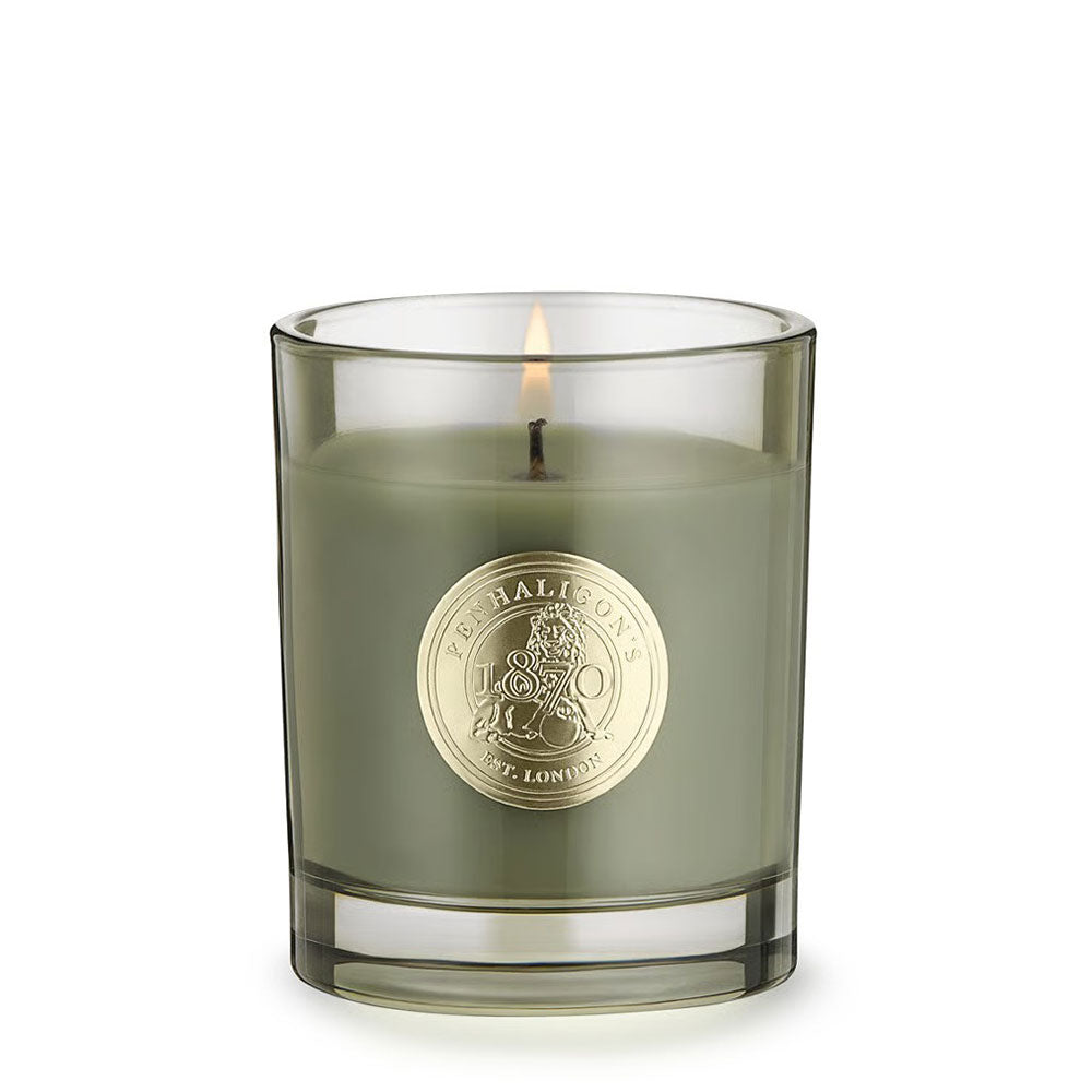 Green candle in a glass holder with a gold emblem on a white background