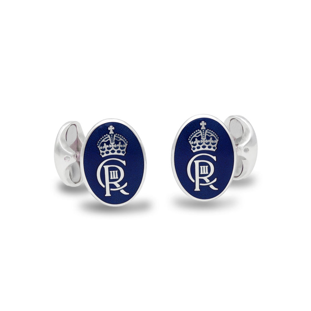 Sterling Silver Oval Royal Blue Enamel Coronation Cufflinks