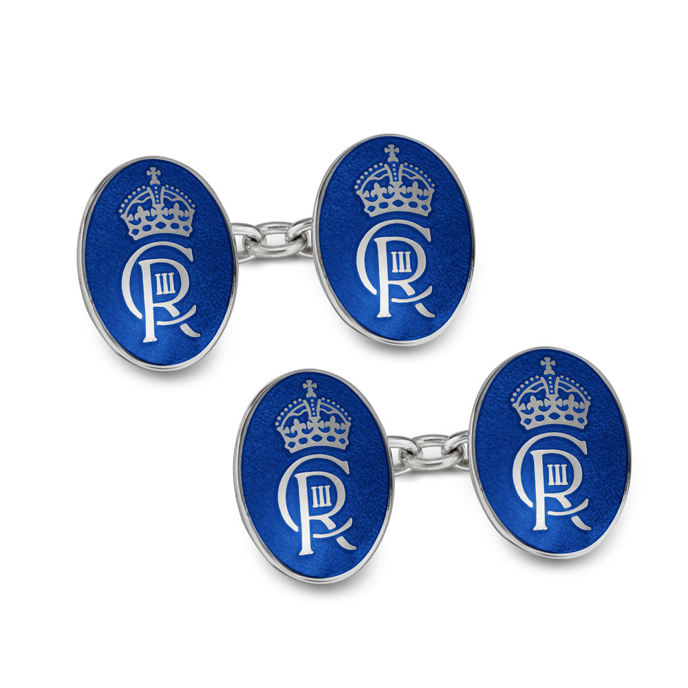 Sterling Silver Oval Blue Enamel Chain Link Coronation Cufflinks