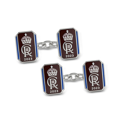 Sterling Silver Oblong Red And Blue Enamel Chain Link Coronation Cufflinks