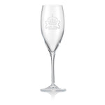 Clear champagne flute with an embossed Highgrove logo on a white background
