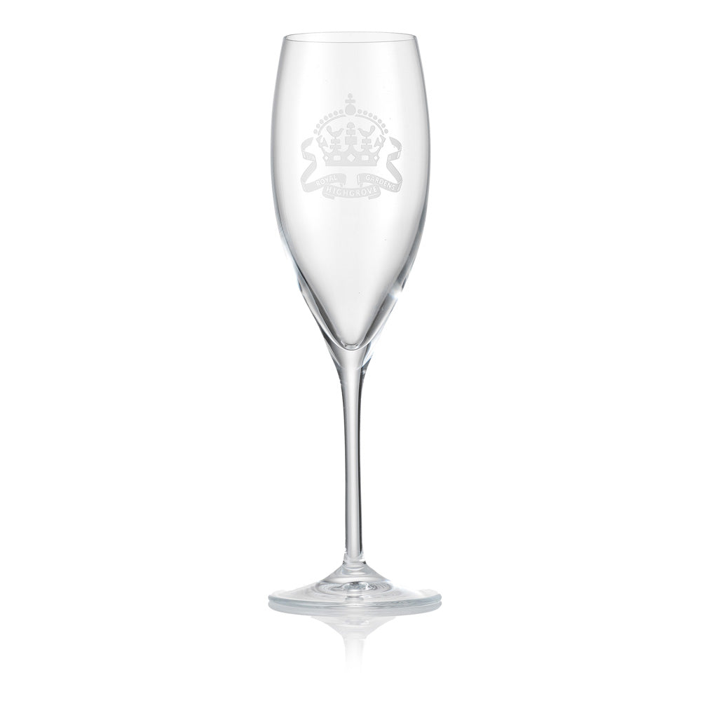 Clear champagne flute with an embossed Highgrove logo on a white background