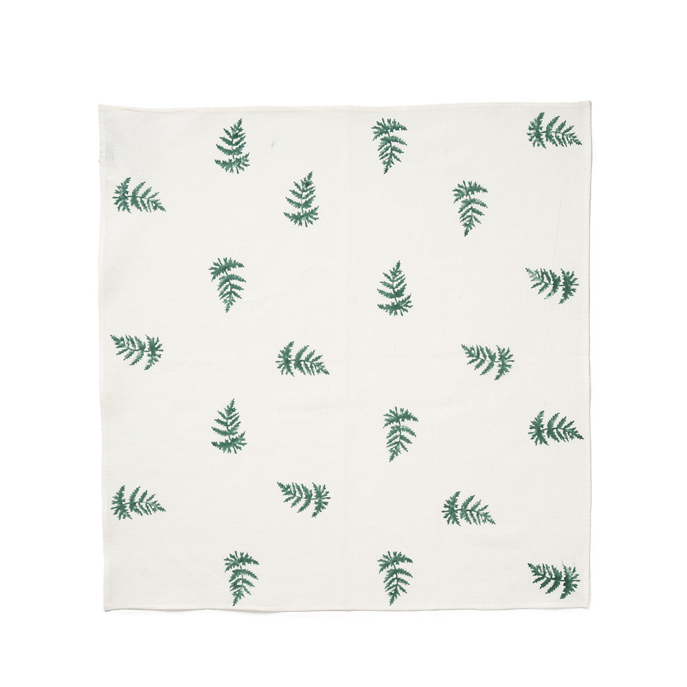 Green Fern pattern on white cotton napkin