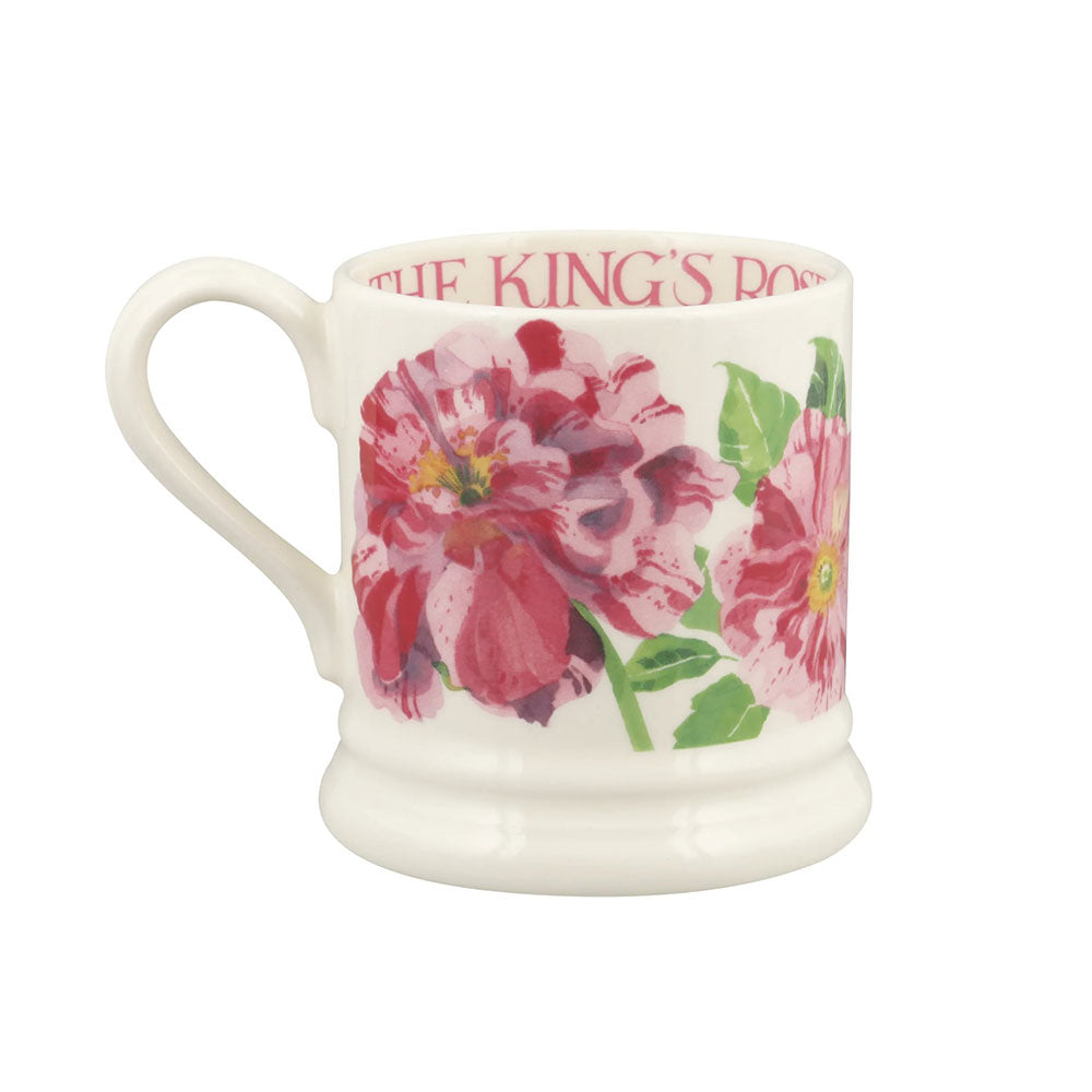 Floral mug with 'The King's Rose' branding on a white background