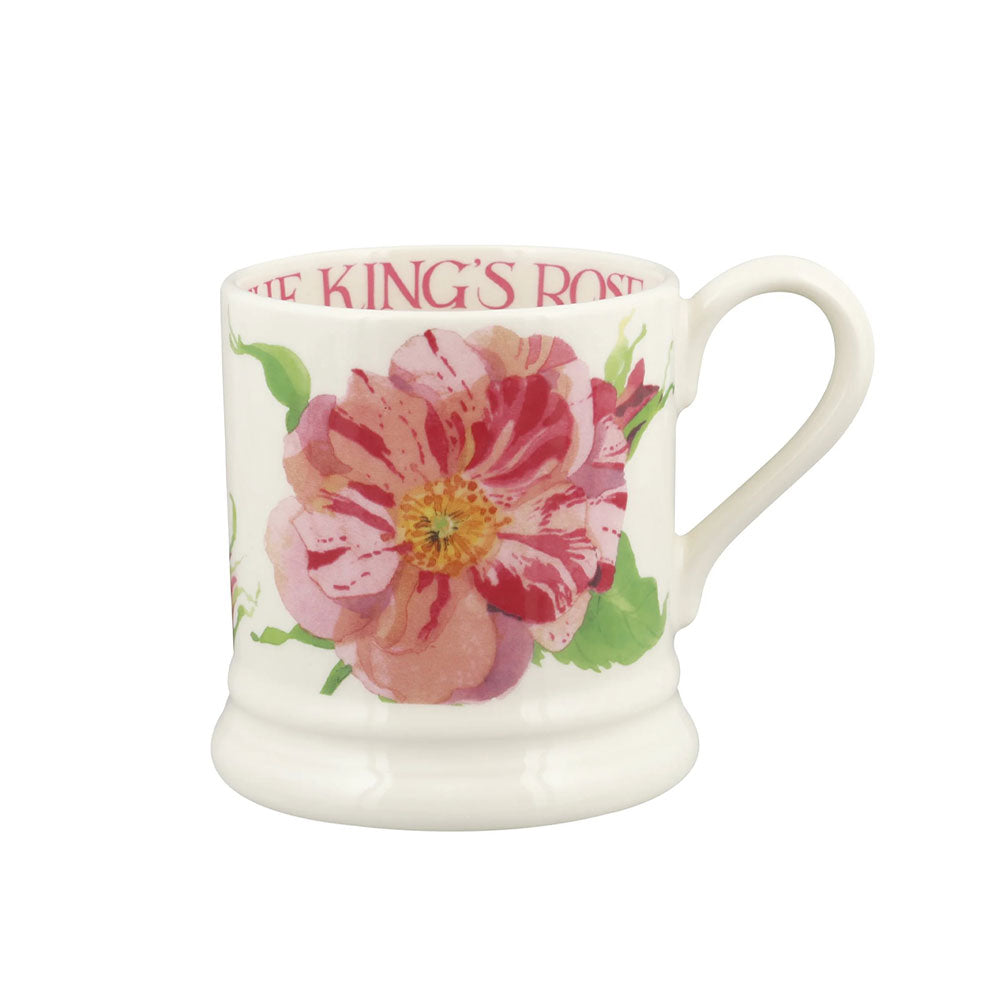 Floral mug with 'The King's Rose' branding on a white background