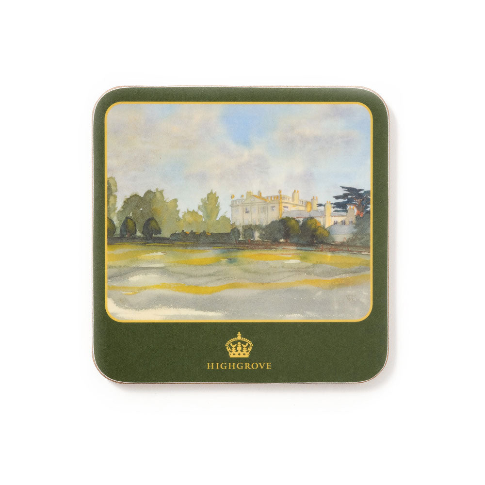 Coaster with a watercolour scenic design of Highgrove House and Gardens, featuring the Highgrove logo.