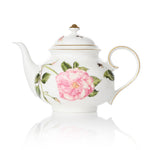 White teapot with The King's Rose floral design on a white background