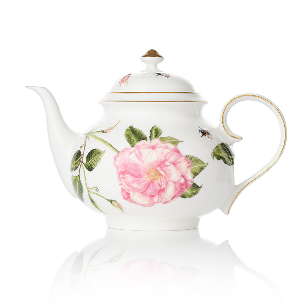 White teapot with The King's Rose floral design on a white background