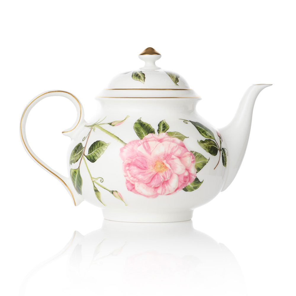 Teapot with The King's Rose floral design on a white background