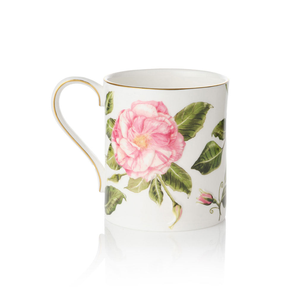 White mug with The King's Rose floral design on a white background