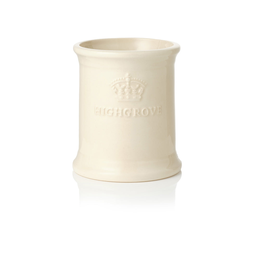 White ceramic utensils jar with 'Highgrove' branding on a white background