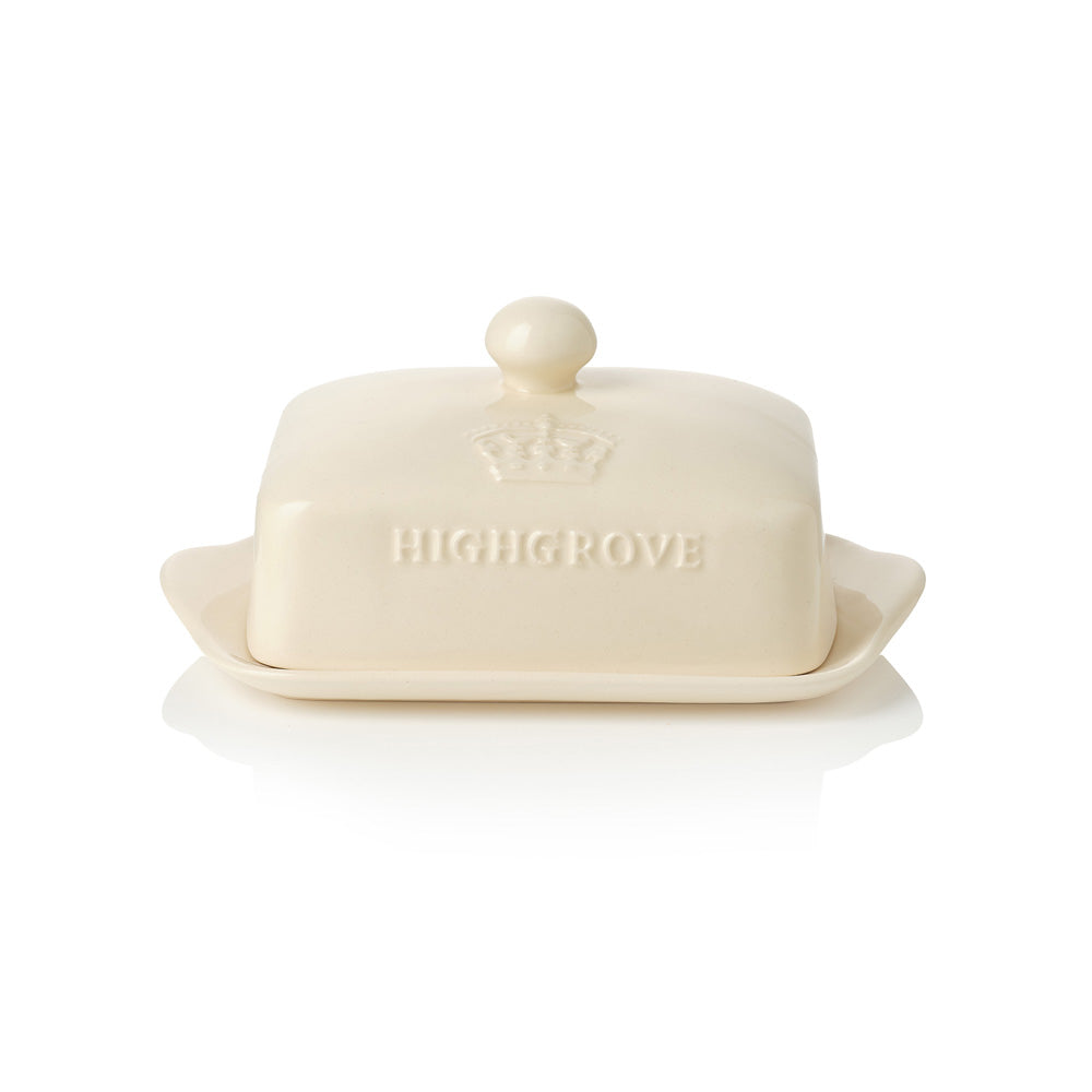 Cream-coloured butter dish with 'HIGHGROVE' branding on a white background
