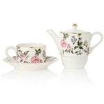 Tea set with The King's Rose floral design on a white background