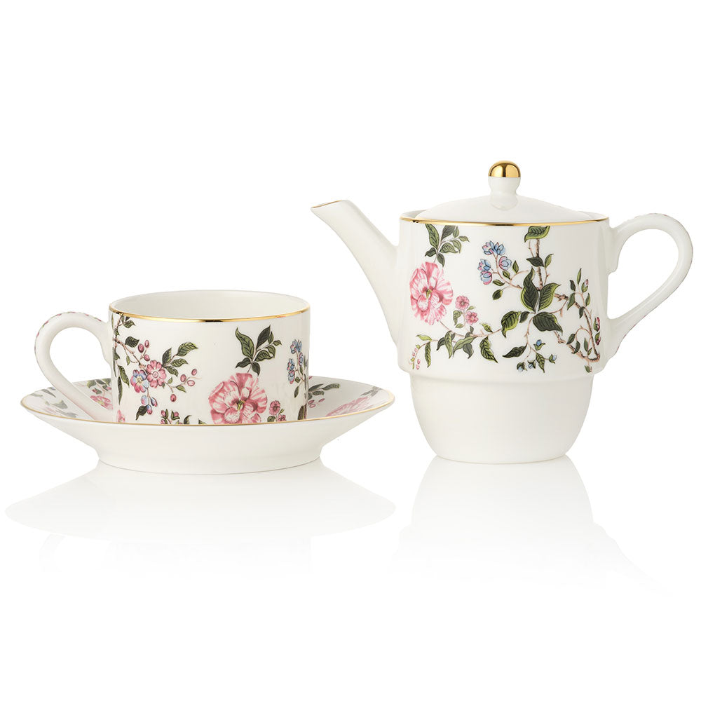 Tea set with The King's Rose floral design on a white background
