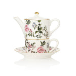 The King's Rose teapot, cup, and saucer set on a white background
