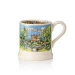 An off-white ceramic mug featuring a colourful printed illustration of Highgrove Garden features labelled 'HIGHGROVE' with trees, Highgrove House and the Lily Pool Garden.