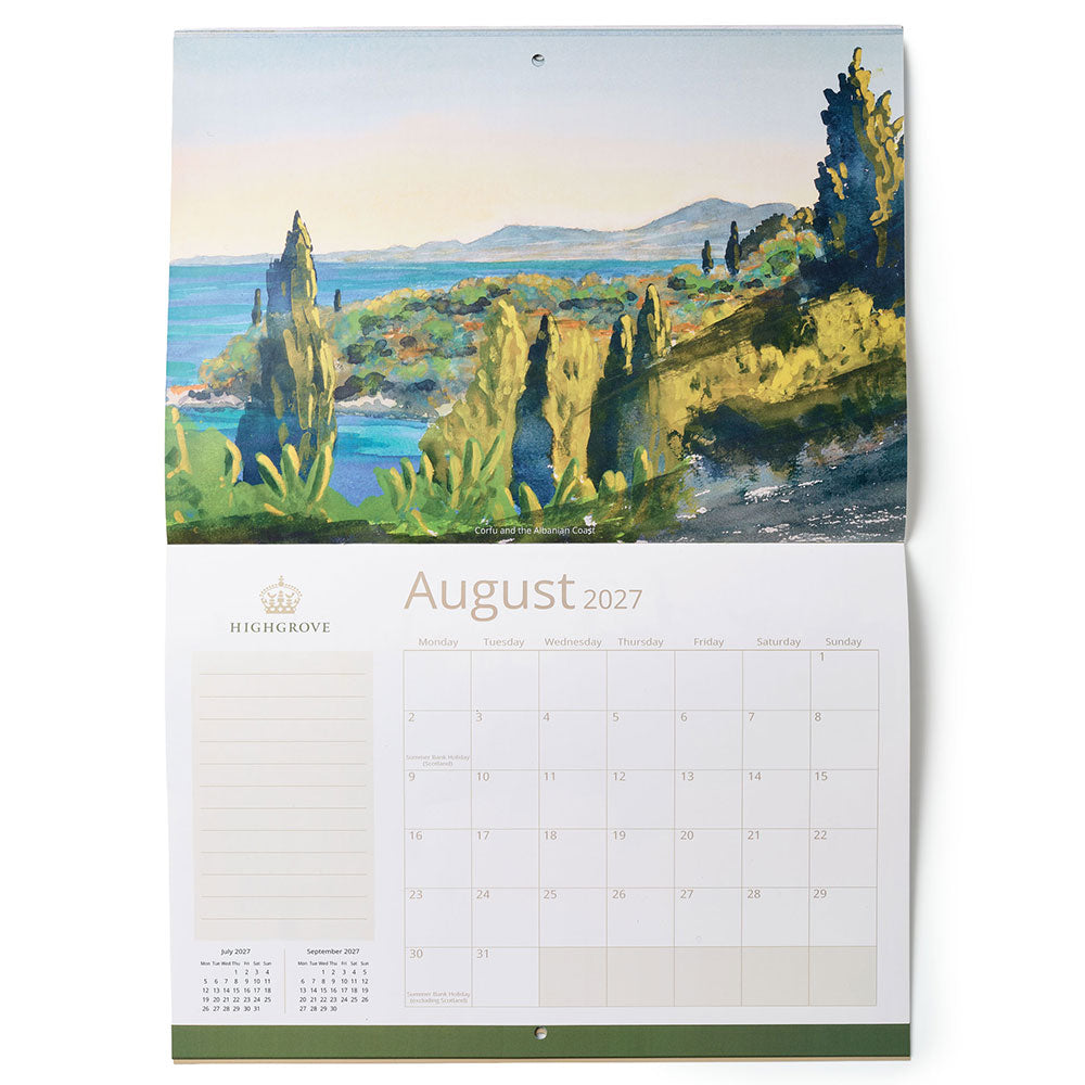 A hanging wall calendar page showing a coastal landscape painting across the top and a monthly calendar grid for August 2027 below. The artwork depicts green cliffs of Corfu, blue water, and distant mountains under a pale sky.